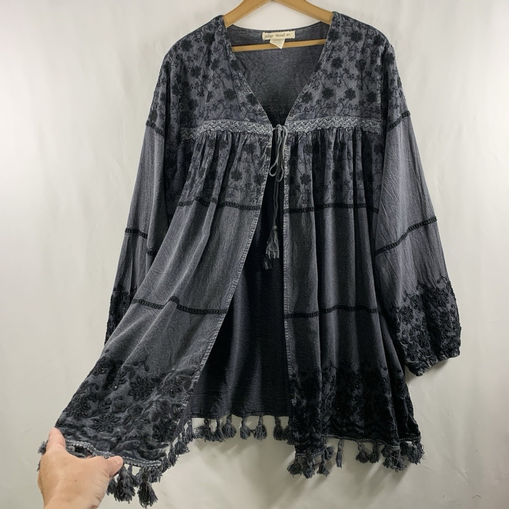 Womens Boho Romantic Embroidered Tie Front Tunic Top Sz 1X Cowgirl Tassle Flowy